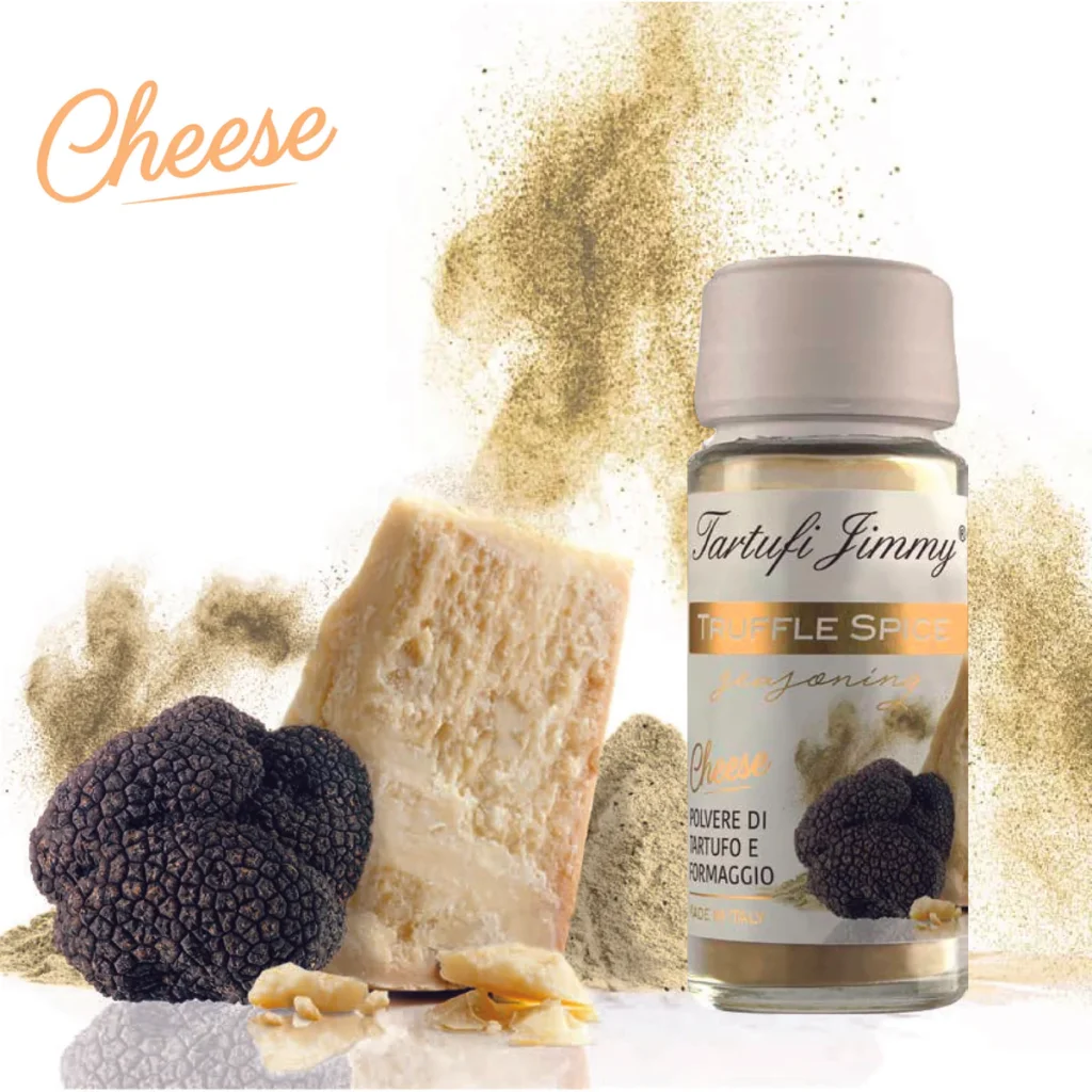 Клин от Подправка със сирене и трюфел и черен трюфел са показани до буркан с надпис „tartuflanghe трюфелов сос за сирене“, с динамично поръсване на подправка