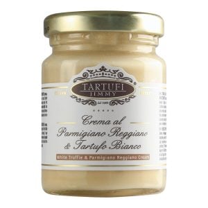 A glass jar of tartufi jimmy brand Крем от сирене Пармиджано Реджано с бял трюфел