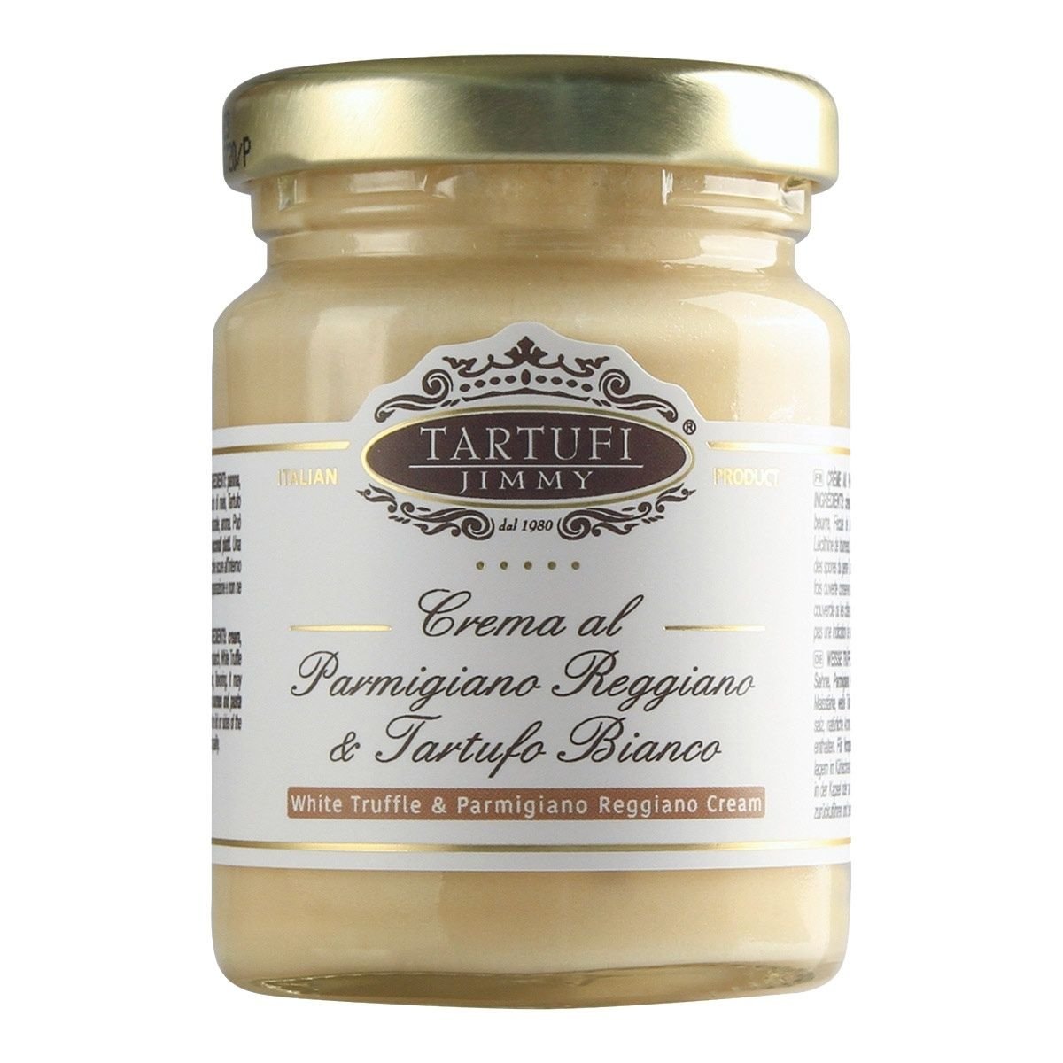 A glass jar of tartufi jimmy brand Крем от сирене Пармиджано Реджано с бял трюфел