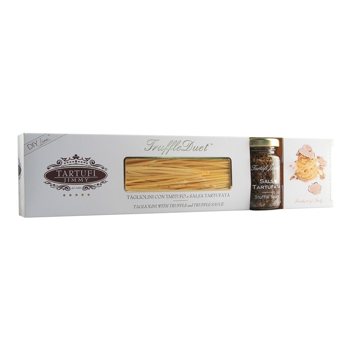 Кутия гурме трюфел сет с паста и сос включваща талиолини паста с трюфел и буркан подправка на базата на трюфел.