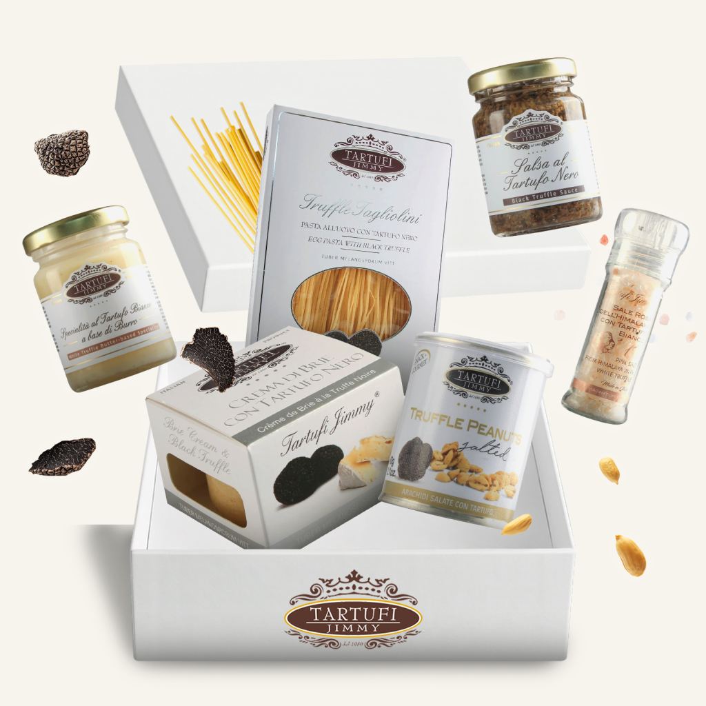 Подаръчна кутия "Комплект 'Трюфел премиум'" с паста с трюфели, сосове, фъстъци, спагети и подправки.