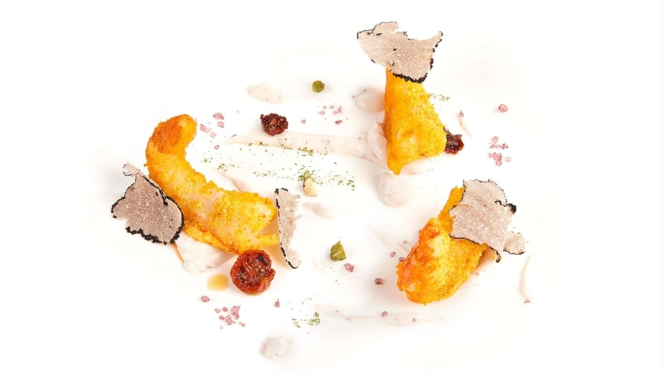 Скариди с шафран и веган майонеза с черен трюфел